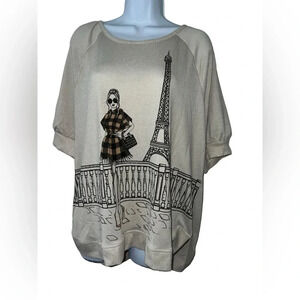 Love & Lace women’s tan Eiffel Tower bling sweater sz 1X short sleeve